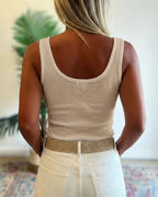 U-Neck Sleeveless Half Button Front Tank Slim Fit Backless Knit Waffle Tank Top