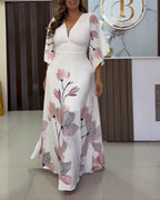 CHICME Women's Placement Floral Print Maxi Dress Deep V-Neck Flare Sleeve Vacation Dress Sheer Mesh Spliced A-Line Dress With Lining