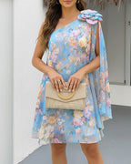 CHICME Women's Floral Print One-Shoulder Chiffon Dress 3D Floral Decor Split Sleeve Loose A-Line Mini Dress