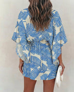 Tropical Plants Print V-Neck Bell Sleeve Button Front Mini Dress Casual Drawstring Waist Vacation Dress