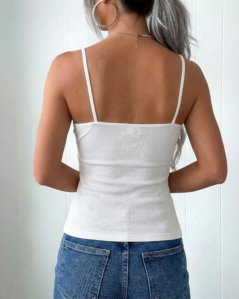 French Style V-Neck Spaghetti Straps Lace Spliced Top Slim Fit Ribbed Cami Top with Built-In Bra