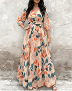 Plants Print V-Neck Half Sleeve Shirred Back Maxi Dress Casual Button Decor Ruched Ruffle Hem Vacation Dress