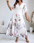 CHICME Women's Placement Floral Print Maxi Dress Deep V-Neck Flare Sleeve Vacation Dress Sheer Mesh Spliced A-Line Dress With Lining