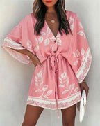 Plants Print V-Neck Bell Sleeve Button Front Mini Dress Casual Drawstring Waist Vacation Dress