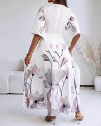 CHICME Women's Placement Floral Print Maxi Dress Deep V-Neck Flare Sleeve Vacation Dress Sheer Mesh Spliced A-Line Dress With Lining