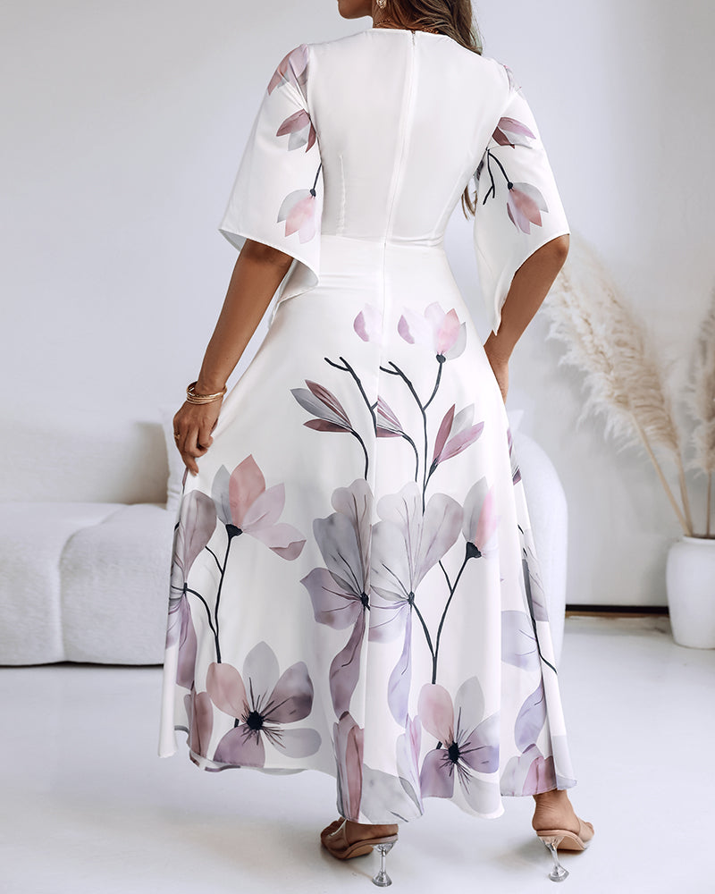 CHICME Women's Placement Floral Print Maxi Dress Deep V-Neck Flare Sleeve Vacation Dress Sheer Mesh Spliced A-Line Dress With Lining