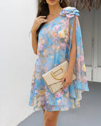CHICME Women's Floral Print One-Shoulder Chiffon Dress 3D Floral Decor Split Sleeve Loose A-Line Mini Dress