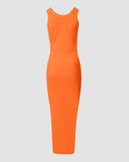 Side Slit Drawstring Ruched Bodycon Casual Sun Maxi Dresses Sleeveless Ribbed Tank Dress