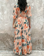 Plants Print V-Neck Half Sleeve Shirred Back Maxi Dress Casual Button Decor Ruched Ruffle Hem Vacation Dress