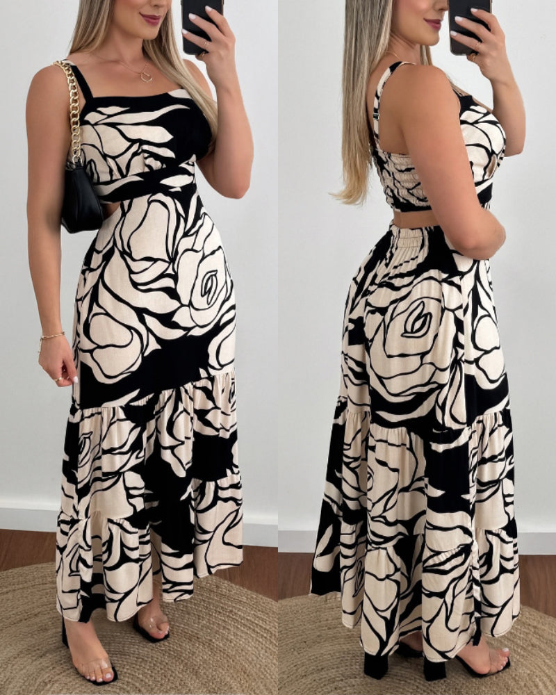 Floral Print Adjustable Straps Cutout Waist Shirred Backless Maxi Dress Casual Elastic Back Waist Ruffle Hem Vacation Dress