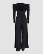 Metal Ring Decor Off Shoulder Ruched High Waist Jumpsuit Casual Cinched Waist Wide Leg Jumpsuit