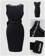 Pearls Decor Sleeveless Backless Slit Back Party Dress Zipper Back Bodycon Dress With Belt