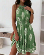 Vintage Plants Print Halter Tie Ruched Backless A Line Dress Casual Shirred Waist Ruffle Hem Vacation Dress