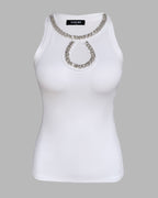 Rhinestone Contrast Sequin Keyhole Neck Sleeveless Slim Fit Elasticity Ribbed Top Elegant Tank
