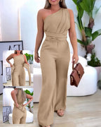One Shoulder Sleeveless Ruched Cinched Waist Zipper Side Overalls Tied Detail Elastic Waist Wide Leg Jumpsuit