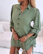 Button Down Shirt Dress Roll Tab Sleeve Side Drawstring Mini Dresses