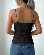 French Style V-Neck Spaghetti Straps Lace Spliced Top Slim Fit Ribbed Cami Top with Built-In Bra