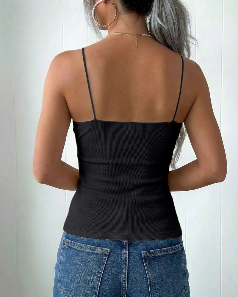 French Style V-Neck Spaghetti Straps Lace Spliced Top Slim Fit Ribbed Cami Top with Built-In Bra