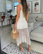 V-Neck Adjustable Spaghetti Straps Tie Front Asymmetrical Hem Dress Casual Hollow-out Front Backless Textured Lace Overlay Party Dress