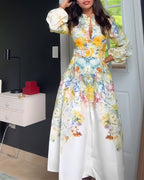 French Style Floral Print Stand Collar Lantern Sleeve Button Down Evening Dress Cinched Waist Vacation Dress with Belt