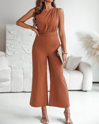 One Shoulder Sleeveless Ruched Cinched Waist Zipper Side Overalls Tied Detail Elastic Waist Wide Leg Jumpsuit