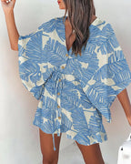 Tropical Plants Print V-Neck Bell Sleeve Button Front Mini Dress Casual Drawstring Waist Vacation Dress