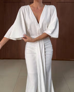 V-Neck Butterfly Sleeve Hollow-out Back Draped Mermaid Hem Dress Elegant Ruched Zipper Back Asymmetrical Hem Evening Dress