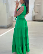 Turn-down Collar Sleeveless Button Front Dress Casual Belted Slit Ruched Maxi Dress