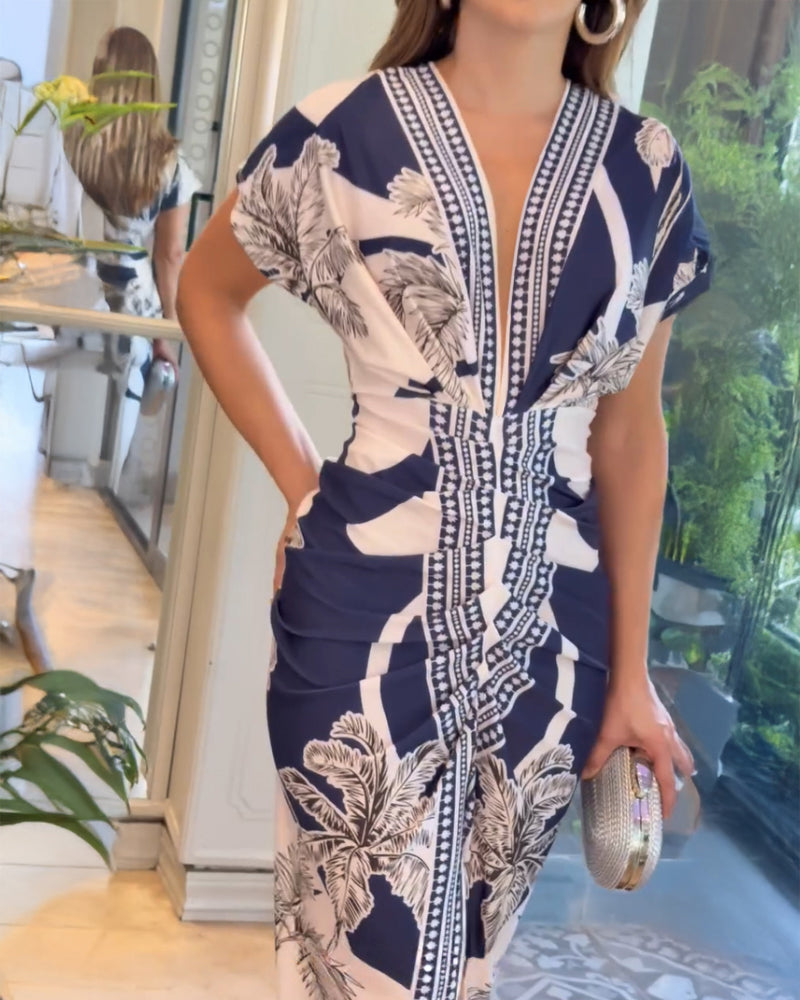 Tropical Print Deep V Neck Ruched Waist Gathered Dress Front Slit Slim Fit Vacation Dress