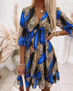 Colorblock Geometric & Leopard Print Spliced Overlap V Neck Flared Cuffs A Line Dress Casual Shirred Waist Ruffle Hem Vacation Chiffon Dress