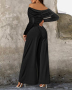 Metal Ring Decor Off Shoulder Ruched High Waist Jumpsuit Casual Cinched Waist Wide Leg Jumpsuit