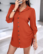 Button Down Shirt Dress Roll Tab Sleeve Side Drawstring Mini Dresses