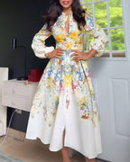 French Style Floral Print Stand Collar Lantern Sleeve Button Down Evening Dress Cinched Waist Vacation Dress with Belt