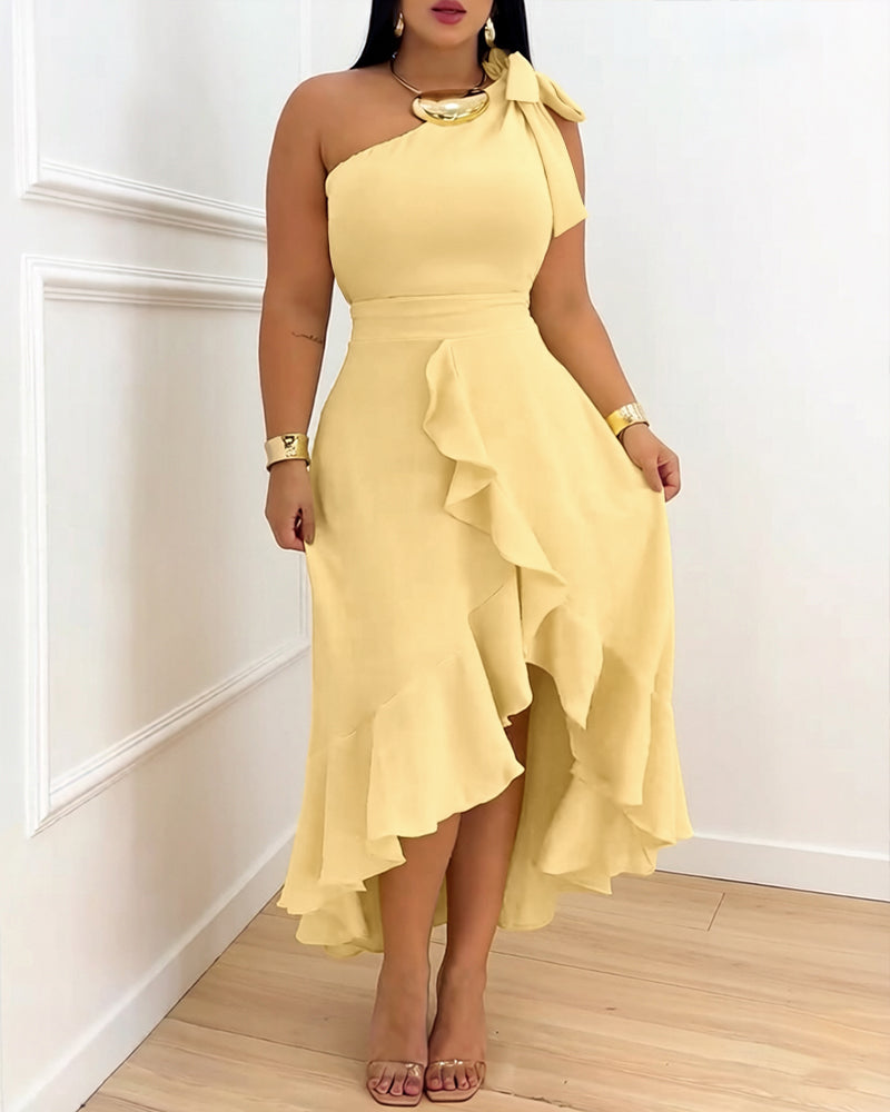 CHICME Women's One Shoulder Ruffle Hem Dress Bow Tie Shoulder High-Low Hem Irregular Party Dress Shirred Back Evening Gown