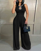 Rhinestone Decor O-neck Sleeveless Pleated Overalls Elegant Cinched Waist Zipper Back Wide Leg Jumpsuit with Hollow Water Drop