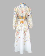 French Style Floral Print Stand Collar Lantern Sleeve Button Down Evening Dress Cinched Waist Vacation Dress with Belt