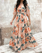 Plants Print V-Neck Half Sleeve Shirred Back Maxi Dress Casual Button Decor Ruched Ruffle Hem Vacation Dress