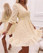 Women's Lace Overlap V-Neck Ruffle Hem Dress Shirred High Waist A-Line Party Dress Three Quarters Sleeve Vacation Dress
