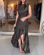 Silver Foil Pattern Sleeveless Cinched Waist Party Dress Elegant Asymmetrical Ruffles Slit Evening Dress