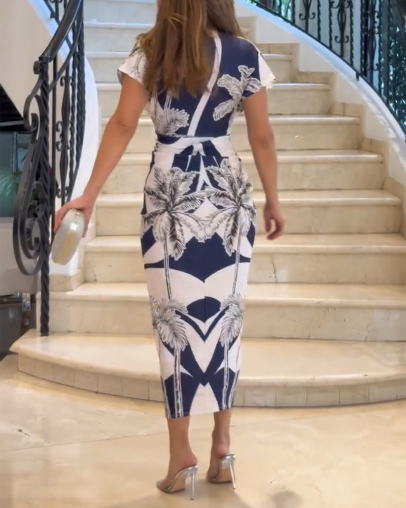 Tropical Print Deep V Neck Ruched Waist Gathered Dress Front Slit Slim Fit Vacation Dress