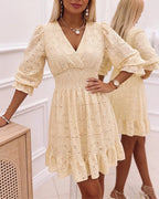 Women's Lace Overlap V-Neck Ruffle Hem Dress Shirred High Waist A-Line Party Dress Three Quarters Sleeve Vacation Dress