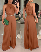 CHICME Women's Halter Tie Wide Leg Jumpsuit Pleated High Waist One-Piece Romper Elegant Sleeveless Evening Party Jumpsuit without Waist Chain