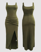 Sexy Square Neck Thick Strap Backless Slit Dress