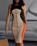 Colorblock O-neck Sleeveless Zipper Front Midi Dress Slim Fit Slit Front Commuting Dress
