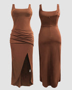 Sexy Square Neck Thick Strap Backless Slit Dress