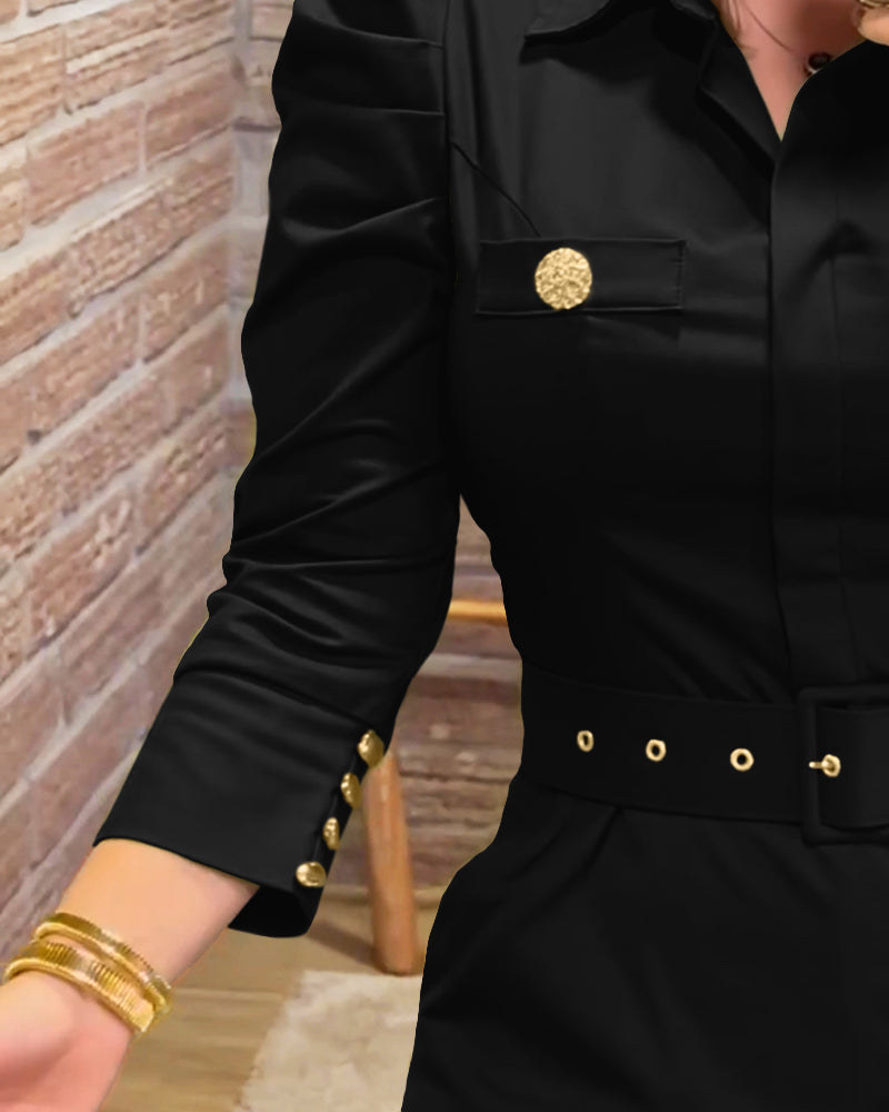 Turn-down Collar Long Sleeve Button Decor Front Slit Slim Fit Mid-Calf Dress Work Bodycon
