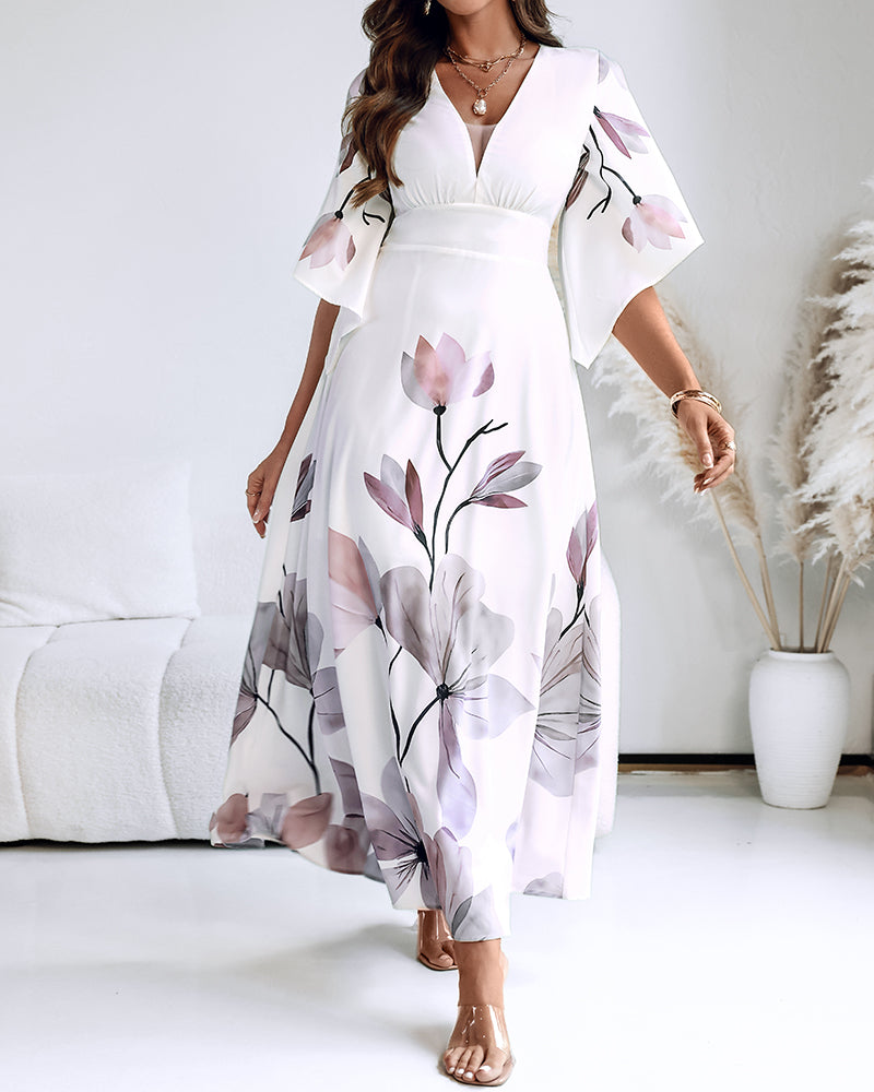 CHICME Women's Placement Floral Print Maxi Dress Deep V-Neck Flare Sleeve Vacation Dress Sheer Mesh Spliced A-Line Dress With Lining