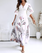 CHICME Women's Placement Floral Print Maxi Dress Deep V-Neck Flare Sleeve Vacation Dress Sheer Mesh Spliced A-Line Dress With Lining