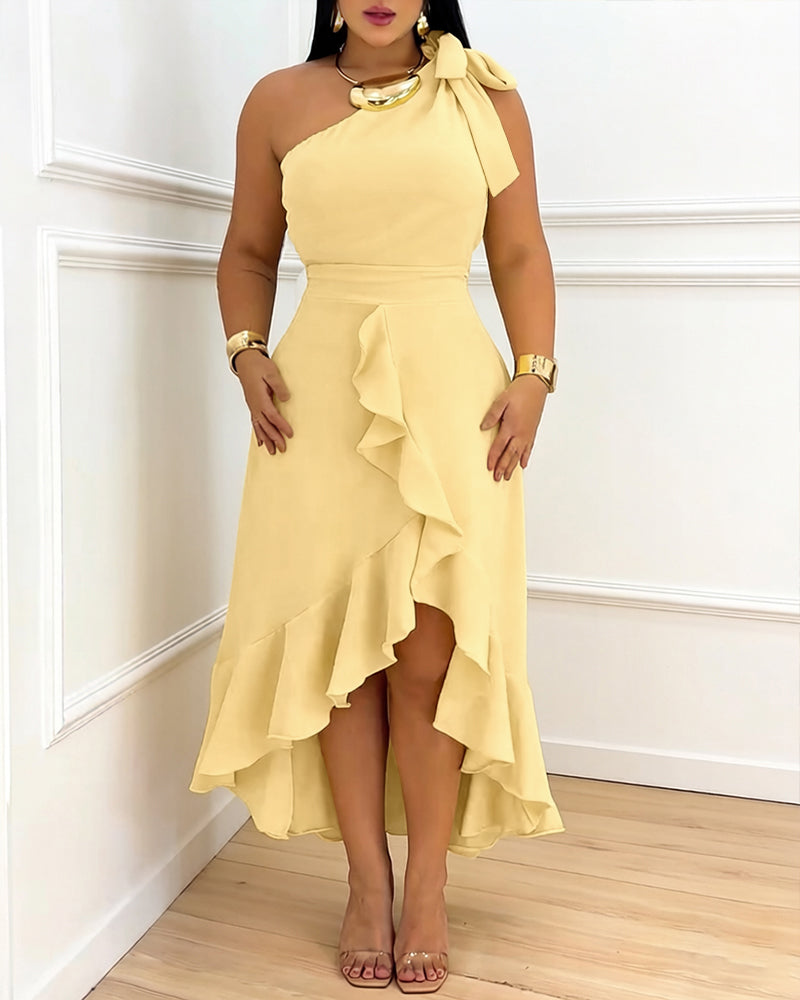 CHICME Women's One Shoulder Ruffle Hem Dress Bow Tie Shoulder High-Low Hem Irregular Party Dress Shirred Back Evening Gown