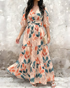 Plants Print V-Neck Half Sleeve Shirred Back Maxi Dress Casual Button Decor Ruched Ruffle Hem Vacation Dress